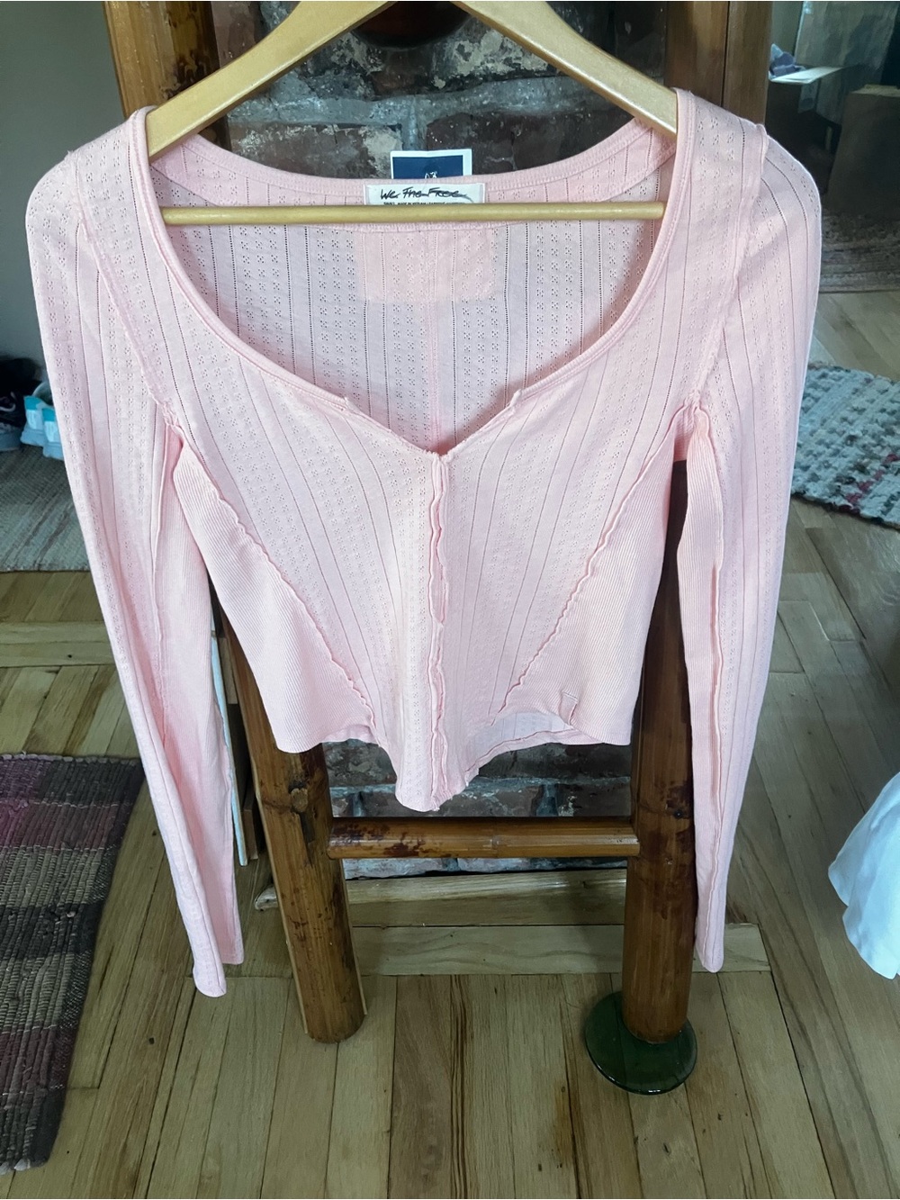 We The Free Light Pink or Light Orange Pointelle Ribbed V-Neck Long Sleeve Top